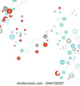 Social media marketing, Communication networking concept. Random icons social media services tags linked on white background. Comment, friend, like, share, target, message. Vector Internet concept.
