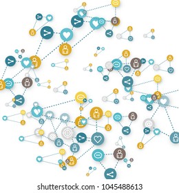 Social media marketing, Communication networking concept. Random icons social media services tags linked on white background. Comment, friend, like, share, target, message. Vector Internet concept.