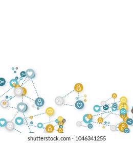 Social media marketing, Communication networking concept. Random icons social media services tags linked on white background. Comment, friend, like, share, target, message. Vector Internet concept.