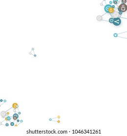 Social media marketing, Communication networking concept. Random icons social media services tags linked on white background. Comment, friend, like, share, target, message. Vector Internet concept.