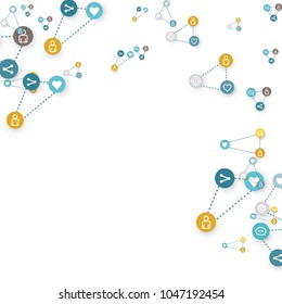 Social media marketing, Communication networking concept. Random icons social media services tags linked on white background.  Vector Internet concept.