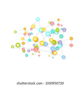 Social media marketing, Communication networking concept. Random icons social media services tags linked on white background. Vector Internet concept.