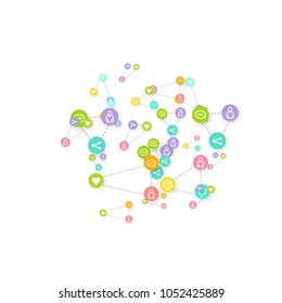 Social media marketing, Communication networking concept. Random icons social media services tags linked on white background. Comment, friend, like, share, target, message. Vector Internet concept.