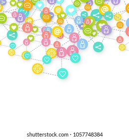 Social media marketing, Communication networking concept. Random icons social media services tags linked on white background. Comment, friend, like, share, target, message. Vector Internet concept.