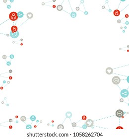 Social media marketing, Communication networking concept. Random icons social media services tags linked on white background. Comment, friend, like, share, target, message. Vector Internet concept.