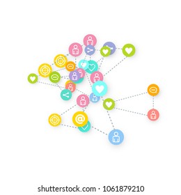 Social media marketing, Communication networking concept. Random icons social media services tags linked on white background. Comment, friend, like, share, target, message. Vector Internet concept.