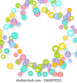 Social media marketing, Communication networking concept. Random icons social media services tags linked on white background. Comment, friend, like, share, target, message. Vector Internet concept.