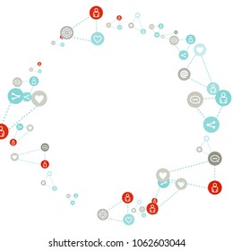 Social media marketing, Communication networking concept. Random icons social media services tags linked on white background. Comment, friend, like, share, target, message. Vector Internet concept.