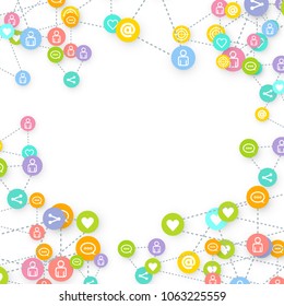 Social media marketing, Communication networking concept. Random icons social media services tags linked on white background. Comment, friend, like, share, target, message. Vector Internet concept.