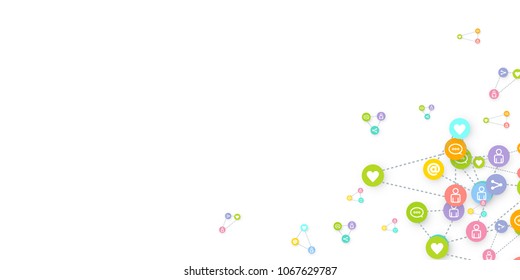 Social media marketing, Communication networking concept. Random icons social media services tags linked on white background. Comment, friend, like, share, target, message. Vector Internet concept.