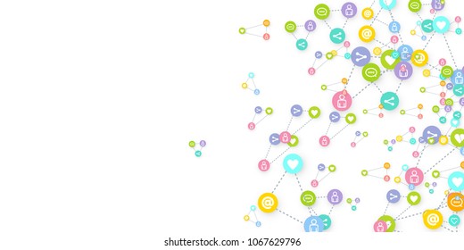 Social media marketing, Communication networking concept. Random icons social media services tags linked on white background. Comment, friend, like, share, target, message. Vector Internet concept.