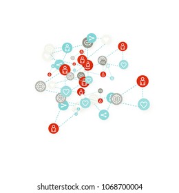 Social media marketing, Communication networking concept. Random icons social media services tags linked on white background. Comment, friend, like, share, target, message. Vector Internet concept.