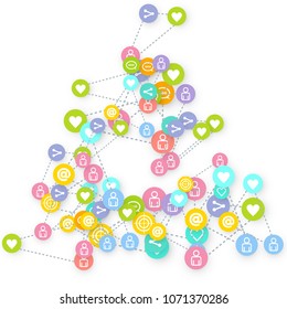 Social media marketing, Communication networking concept. Random icons social media services tags linked on white background. Comment, friend, like, share, target, message. Vector Internet concept.