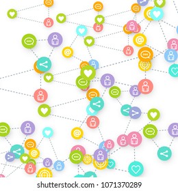 Social media marketing, Communication networking concept. Random icons social media services tags linked on white background. Comment, friend, like, share, target, message. Vector Internet concept.