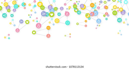 Social media marketing, Communication networking concept. Random icons social media services tags linked on white background. Comment, friend, like, share, target, message. Vector Internet concept.