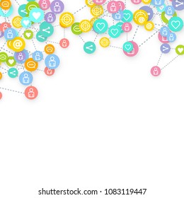 Social media marketing, Communication networking concept. Random icons social media services tags linked on white background. Comment, friend, like, share, target, message. Vector Internet concept.