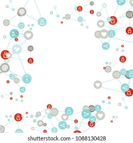 Social media marketing, Communication networking concept. Random icons social media services tags linked on white background. Comment, friend, like, share, target, message. Vector Internet concept.