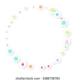Social media marketing, Communication networking concept. Random icons social media services tags linked on white background. Comment, friend, like, share, target, message. Vector Internet concept.