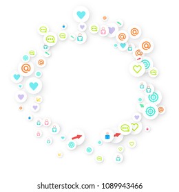 Social media marketing, Communication networking concept. Random icons social media services tags linked on white background. Comment, friend, like, share, target, message. Vector Internet concept.