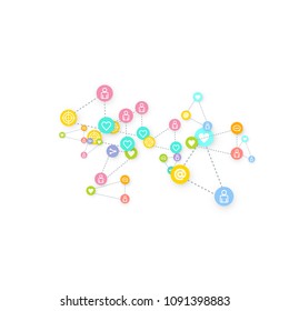 Social media marketing, Communication networking concept. Random icons social media services tags linked on white background. Comment, friend, like, share, target, message. Vector Internet concept.