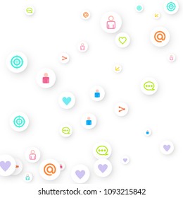 Social media marketing, Communication networking concept. Random icons social media services tags linked on white background. Comment, friend, like, share, target, message. Vector Internet concept.