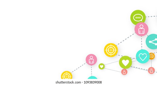 Social media marketing, Communication networking concept. Random icons social media services tags linked on white background. Comment, friend, like, share, target, message. Vector Internet concept.