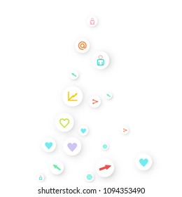 Social media marketing, Communication networking concept. Random icons social media services tags linked on white background. Comment, friend, like, share, target, message. Vector Internet concept.