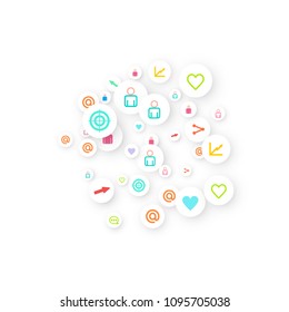 Social media marketing, Communication networking concept. Random icons social media services tags linked on white background. Comment, friend, like, share, target, message. Vector Internet concept.