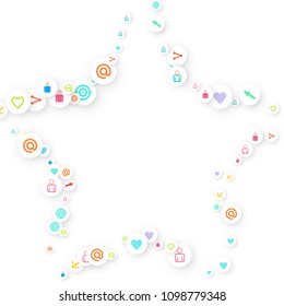 Social media marketing, Communication networking concept. Random icons social media services tags linked on white background. Comment, friend, like, share, target, message. Vector Internet concept.