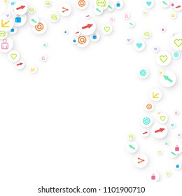 Social media marketing, Communication networking concept. Random icons social media services tags linked on white background. Comment, friend, like, share, target, message. Vector Internet concept.