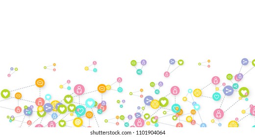 Social media marketing, Communication networking concept. Random icons social media services tags linked on white background. Comment, friend, like, share, target, message. Vector Internet concept.