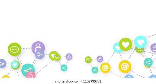 Social media marketing, Communication networking concept. Random icons social media services tags linked on white background. Comment, friend, like, share, target, message. Vector Internet concept.