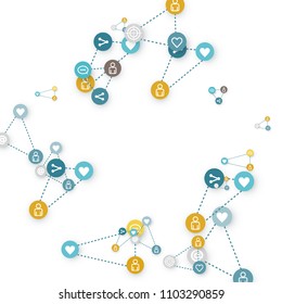 Social media marketing, Communication networking concept. Random icons social media services tags linked on white background. Comment, friend, like, share, target, message. Vector Internet concept.