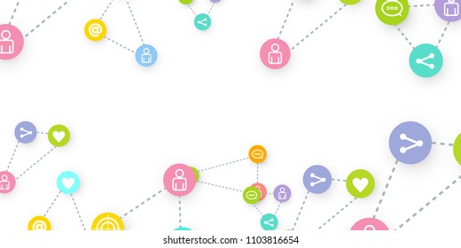 Social media marketing, Communication networking concept. Random icons social media services tags linked on white background. Comment, friend, like, share, target, message. Vector Internet concept.