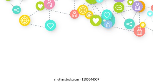 Social media marketing, Communication networking concept. Random icons social media services tags linked on white background. Comment, friend, like, share, target, message. Vector Internet concept.