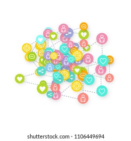 Social media marketing, Communication networking concept. Random icons social media services tags linked on white background. Comment, friend, like, share, target, message. Vector Internet concept.
