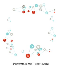 Social media marketing, Communication networking concept. Random icons social media services tags linked on white background. Comment, friend, like, share, target, message. Vector Internet concept.