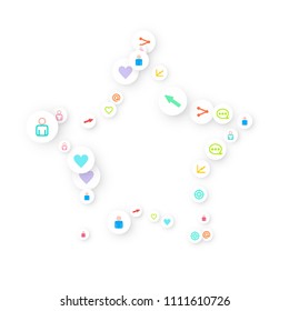 Social media marketing, Communication networking concept. Random icons social media services tags linked on white background. Comment, friend, like, share, target, message. Vector Internet concept.