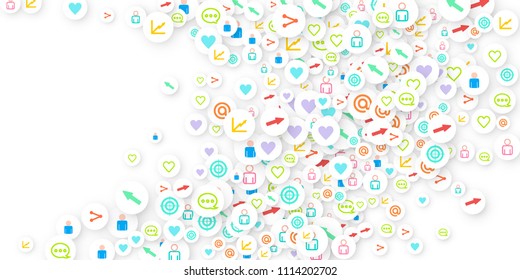 Social media marketing, Communication networking concept. Random icons social media services tags linked on white background. Comment, friend, like, share, target, message. Vector Internet concept.