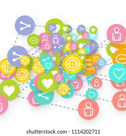 Social media marketing, Communication networking concept. Random icons social media services tags linked on white background. Comment, friend, like, share, target, message. Vector Internet concept.
