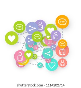 Social media marketing, Communication networking concept. Random icons social media services tags linked on white background. Comment, friend, like, share, target, message. Vector Internet concept.