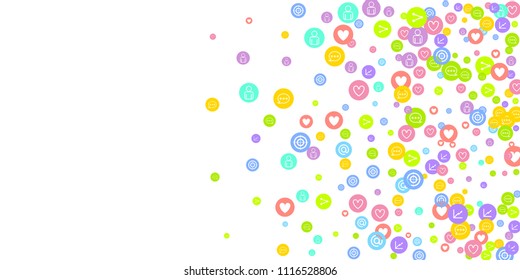 Social media marketing, Communication networking concept. Random icons social media services tags linked on white background. Comment, friend, like, share, target, message. Vector Internet concept.