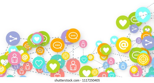 Social media marketing, Communication networking concept. Random icons social media services tags linked on white background. Comment, friend, like, share, target, message. Vector Internet concept.