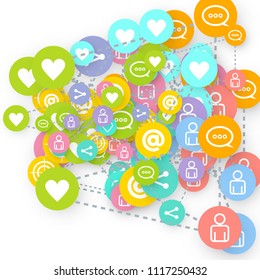 Social media marketing, Communication networking concept. Random icons social media services tags linked on white background. Comment, friend, like, share, target, message. Vector Internet concept.