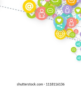 Social media marketing, Communication networking concept. Random icons social media services tags linked on white background. Comment, friend, like, share, target, message. Vector Internet concept.