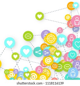 Social media marketing, Communication networking concept. Random icons social media services tags linked on white background. Comment, friend, like, share, target, message. Vector Internet concept.