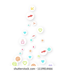 Social media marketing, Communication networking concept. Random icons social media services tags linked on white background. Comment, friend, like, share, target, message. Vector Internet concept.