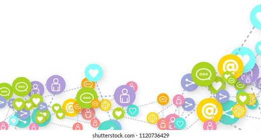 Social media marketing, Communication networking concept. Random icons social media services tags linked on white background. Comment, friend, like, share, target, message. Vector Internet concept.