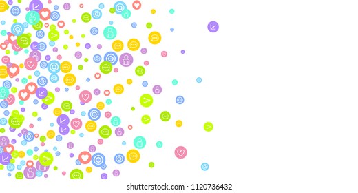 Social media marketing, Communication networking concept. Random icons social media services tags linked on white background. Comment, friend, like, share, target, message. Vector Internet concept.