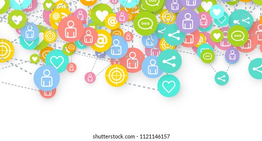 Social media marketing, Communication networking concept. Random icons social media services tags linked on white background. Comment, friend, like, share, target, message. Vector Internet concept.